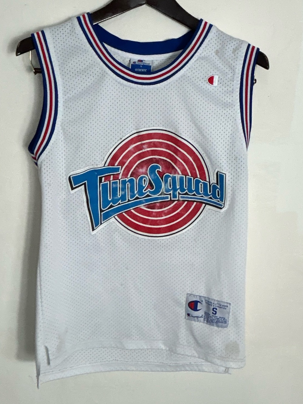 Champion White Tune Squad Kids Basketball Jersey with Blue and Red Trim